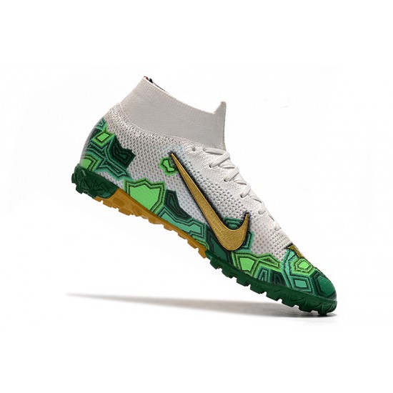 2020 Scarpe da calcio Nike Mercurial Superfly 7 Elite MDS TF Flyknit Bianca doro verde